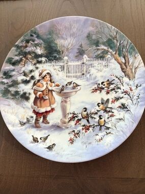 Snowy Symphony White Decorative Plate with Red Logo Accents
